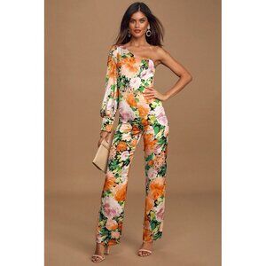 Lulu’s Lovin' It Orange Multi Floral Print Satin One-Shoulder Jumpsuit Size S